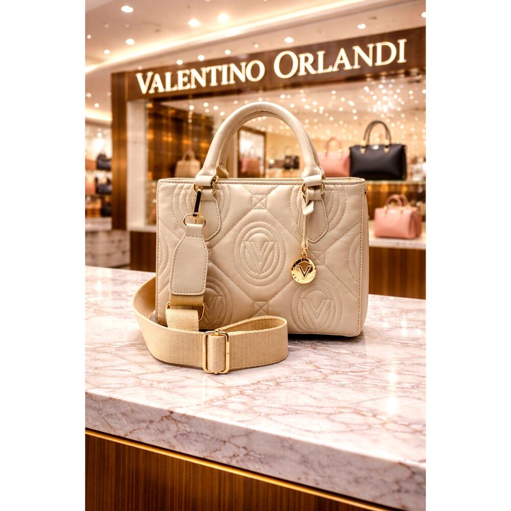 Valentino Orlandi Large Quilted Logo Tote Bag Top Handle Crosbody Beige